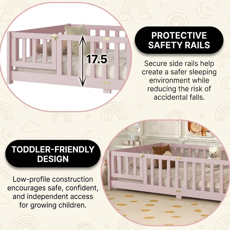 Montessori floor bed with safety rails shown as a cozy space for rest and play