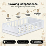 Montessori floor bed with safety rails shown as a cozy space for rest and play