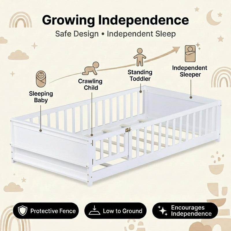 Montessori floor bed with safety rails shown as a cozy space for rest and play