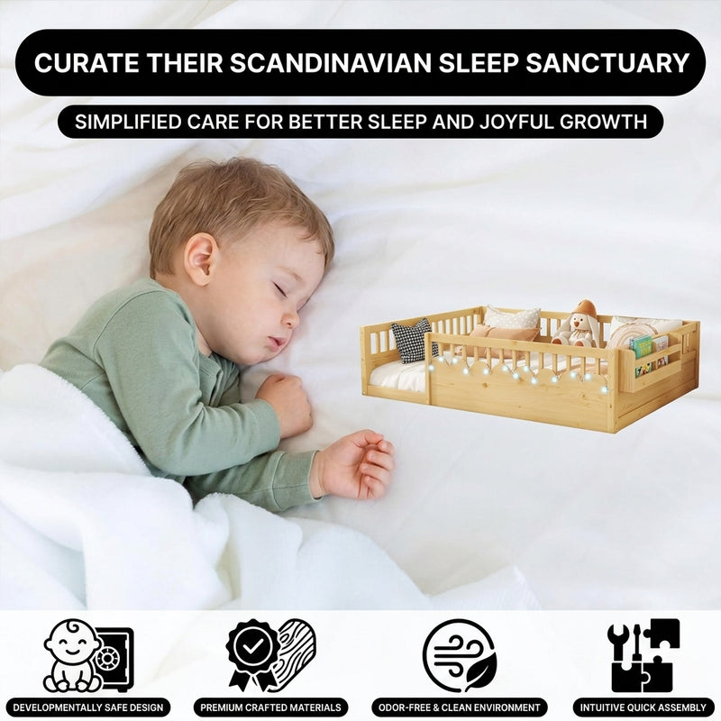 Toddler resting on a natural Montessori floor bed with fence in a forest-themed nursery
