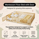Natural Montessori floor bed with door highlighting compact design and included slats