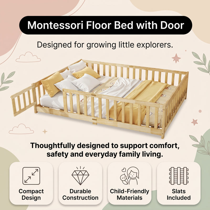 Natural Montessori floor bed with door highlighting compact design and included slats