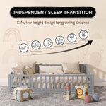 Natural Montessori floor bed with door highlighting compact design and included slats