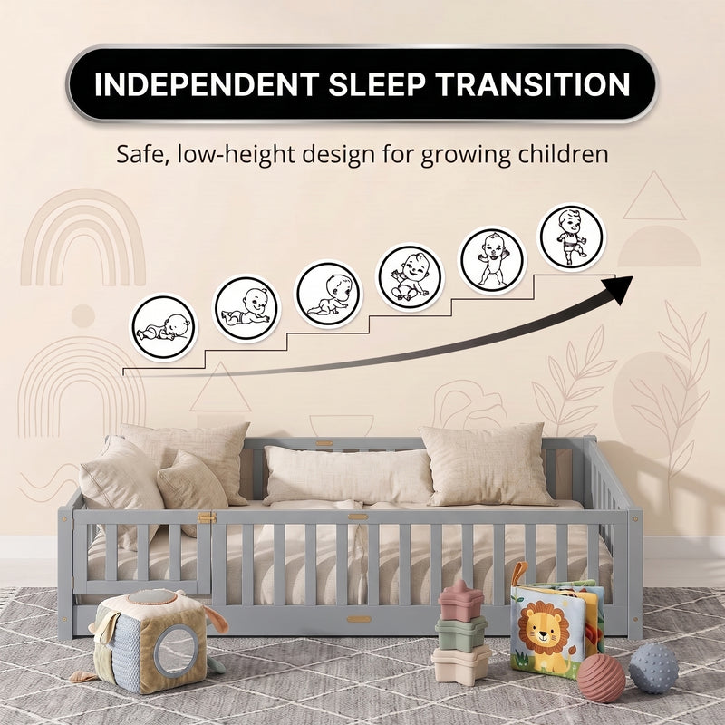 Natural Montessori floor bed with door highlighting compact design and included slats