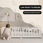 Natural Montessori floor bed with door highlighting compact design and included slats