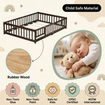Montessori floor bed feature graphic showing wood construction and a child illustration
