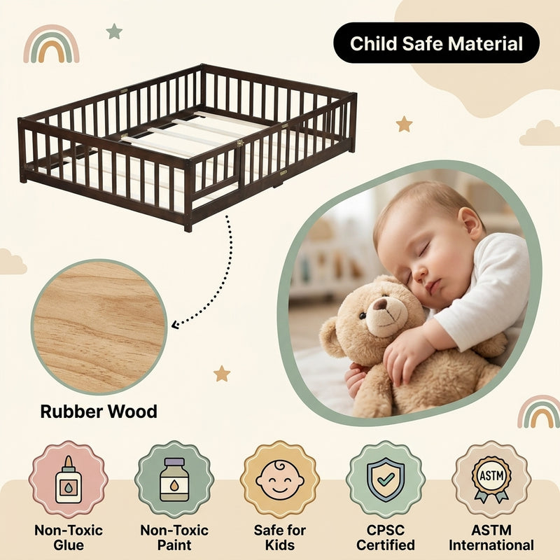 Montessori floor bed feature graphic showing wood construction and a child illustration