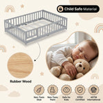 Montessori floor bed feature graphic showing wood construction and a child illustration