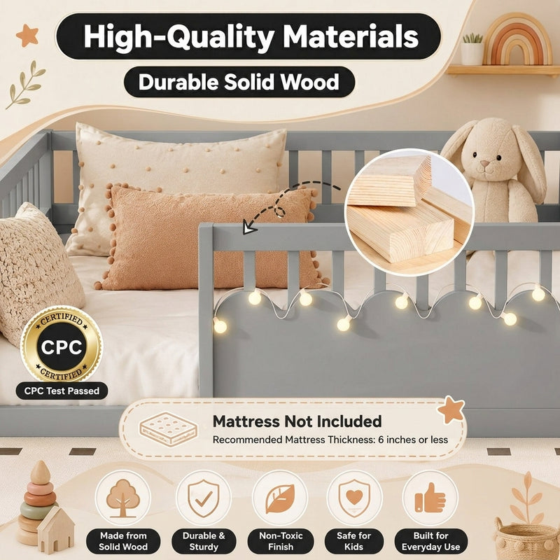 Montessori floor bed feature graphic showing wood construction and a child illustration