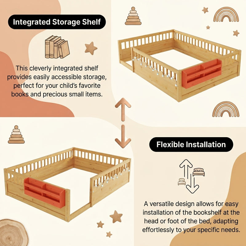 Montessori floor bed feature graphic showing wood construction and a child illustration