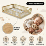 Montessori floor bed feature graphic showing wood construction and a child illustration