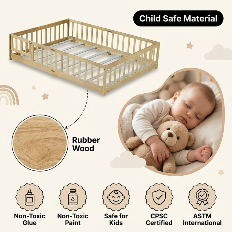 Montessori floor bed feature graphic showing wood construction and a child illustration
