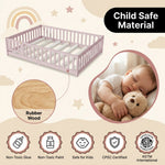 Montessori floor bed feature graphic showing wood construction and a child illustration