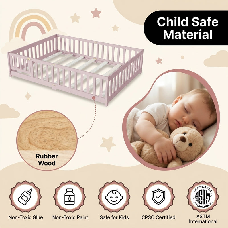 Montessori floor bed feature graphic showing wood construction and a child illustration