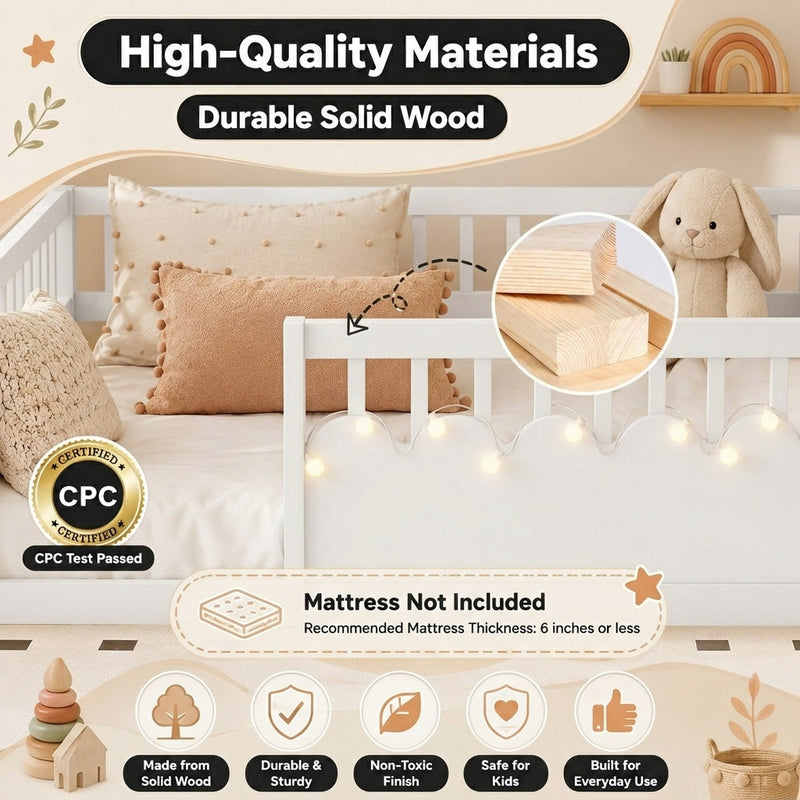 Montessori floor bed feature graphic showing wood construction and a child illustration