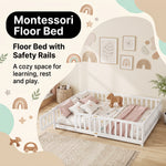 Montessori floor bed feature graphic showing wood construction and a child illustration