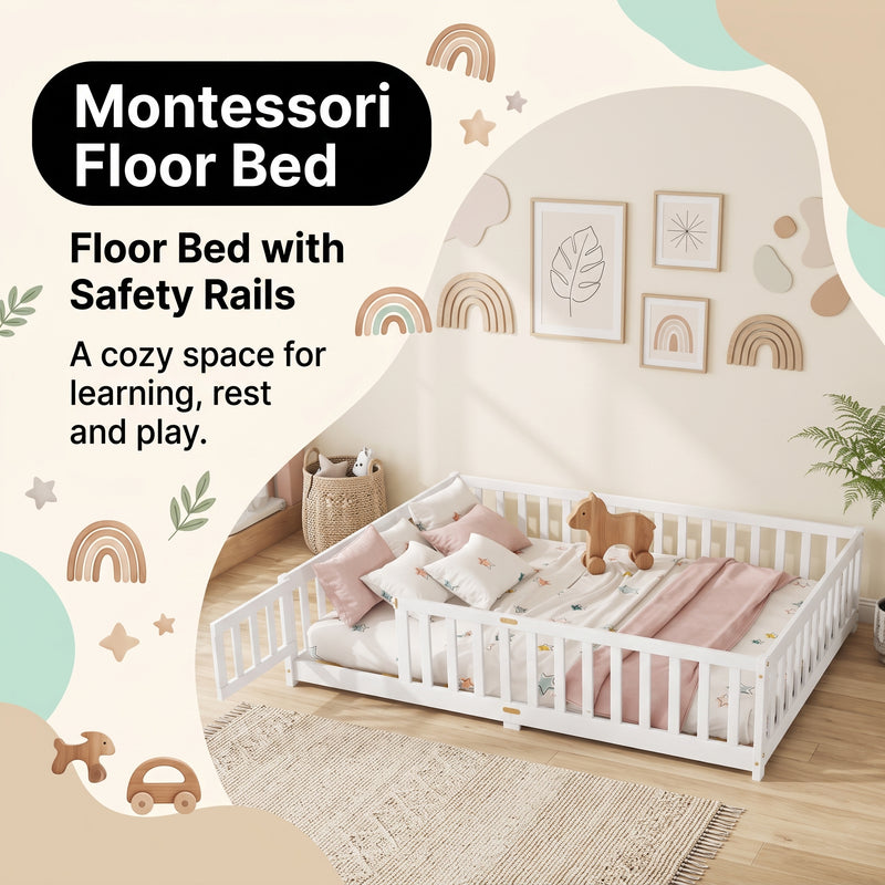 Montessori floor bed feature graphic showing wood construction and a child illustration