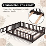 Montessori floor bed feature graphic showing wood construction and a child illustration