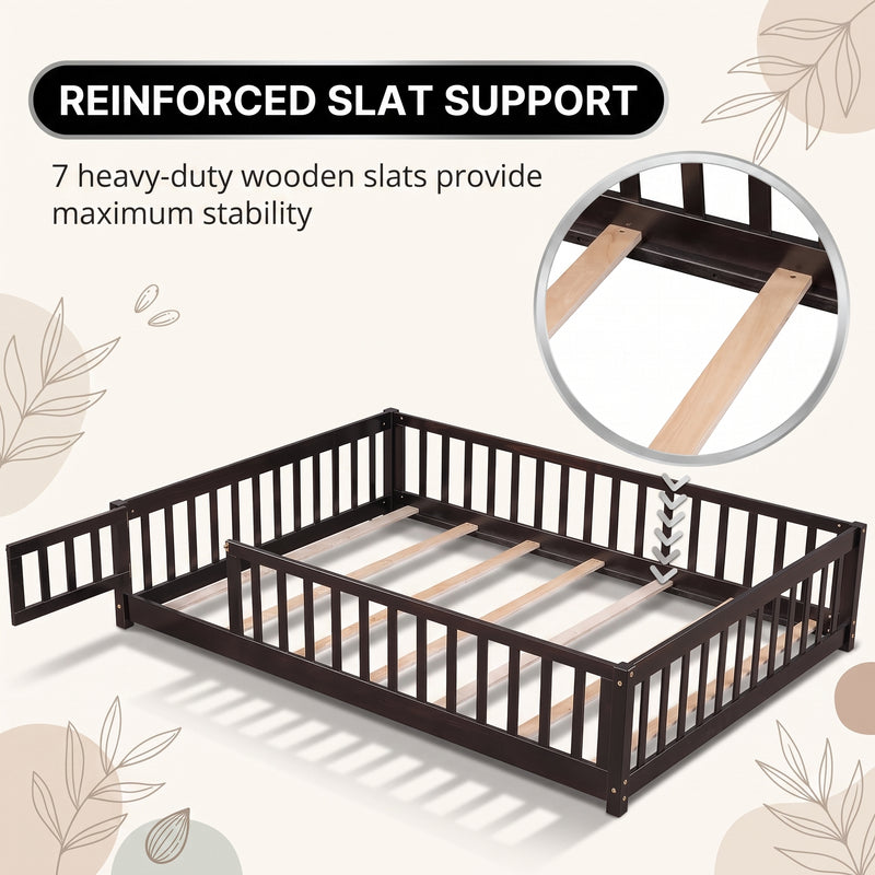 Montessori floor bed feature graphic showing wood construction and a child illustration
