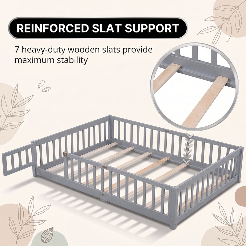 Montessori floor bed feature graphic showing wood construction and a child illustration