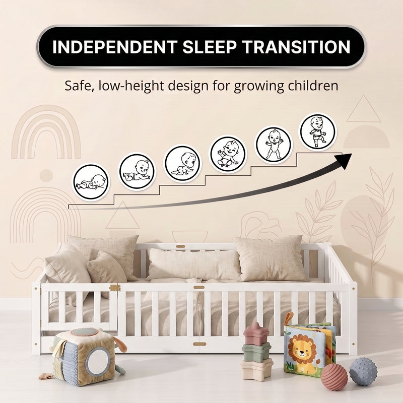 Montessori floor bed feature graphic showing wood construction and a child illustration