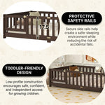 Montessori floor bed feature graphic showing wood construction and a child illustration
