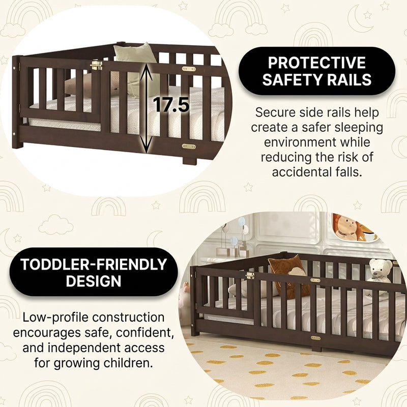 Montessori floor bed feature graphic showing wood construction and a child illustration