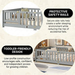 Montessori floor bed feature graphic showing wood construction and a child illustration