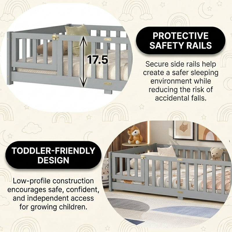 Montessori floor bed feature graphic showing wood construction and a child illustration