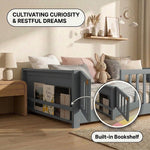 Montessori floor bed feature graphic showing wood construction and a child illustration