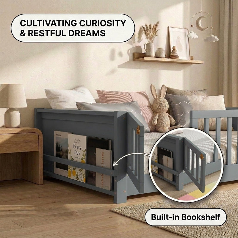 Montessori floor bed feature graphic showing wood construction and a child illustration