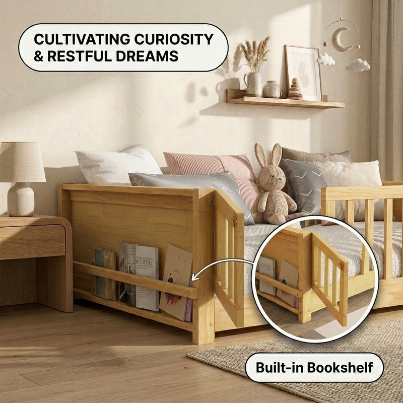 Montessori floor bed feature graphic showing wood construction and a child illustration