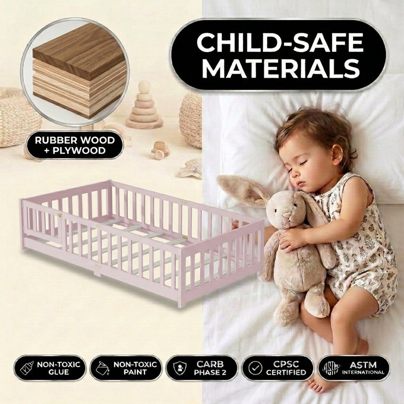 Montessori floor bed feature graphic showing wood construction and a child illustration