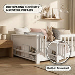 Montessori floor bed feature graphic showing wood construction and a child illustration