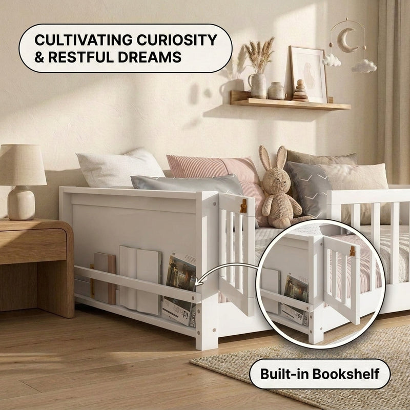 Montessori floor bed feature graphic showing wood construction and a child illustration