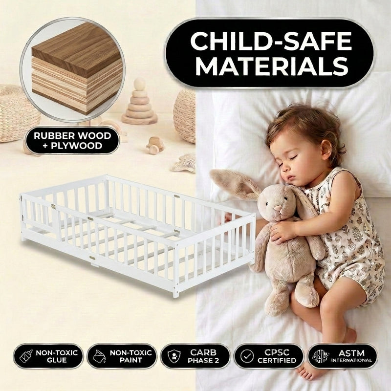 Montessori floor bed feature graphic showing wood construction and a child illustration