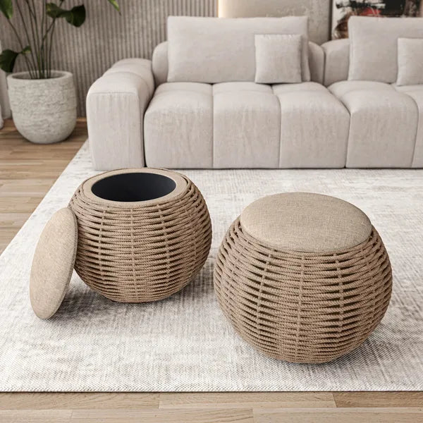 Handwoven  Storage Ottoman – Eco-Friendly Hideaway | Brown Accent Bench | Trufairs