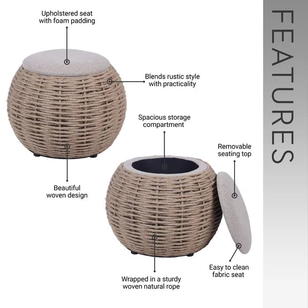 Handwoven  Storage Ottoman – Eco-Friendly Hideaway | Brown Accent Bench | Trufairs