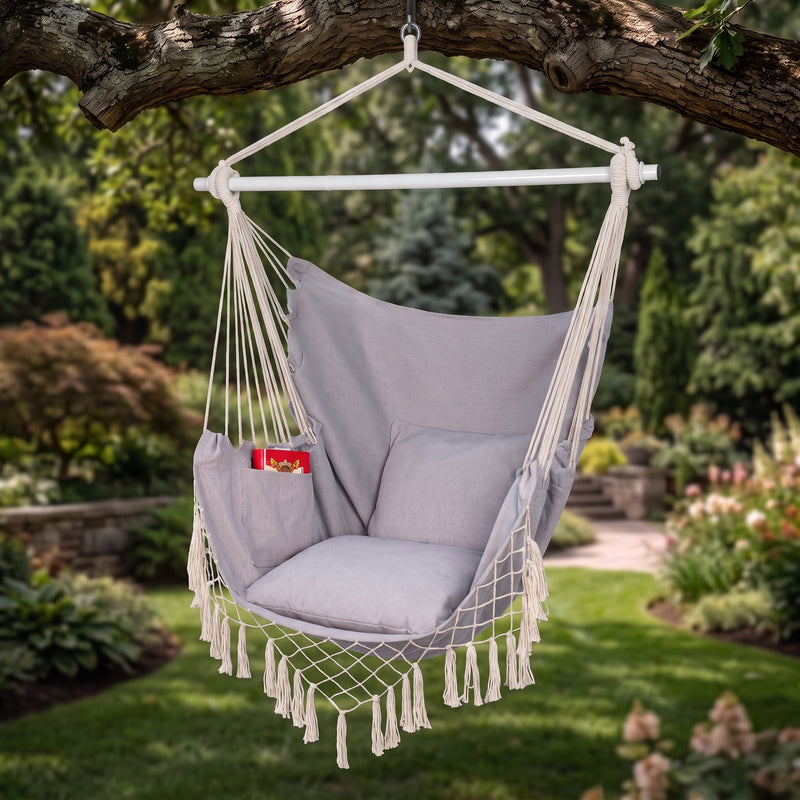 Boho Macrame Hammock Chair with Fringe, 2 Cushions & Side Pocket - (new) 1