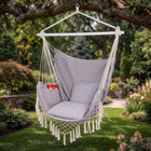 Boho Macrame Hammock Chair with Fringe, 2 Cushions & Side Pocket - (new) 1