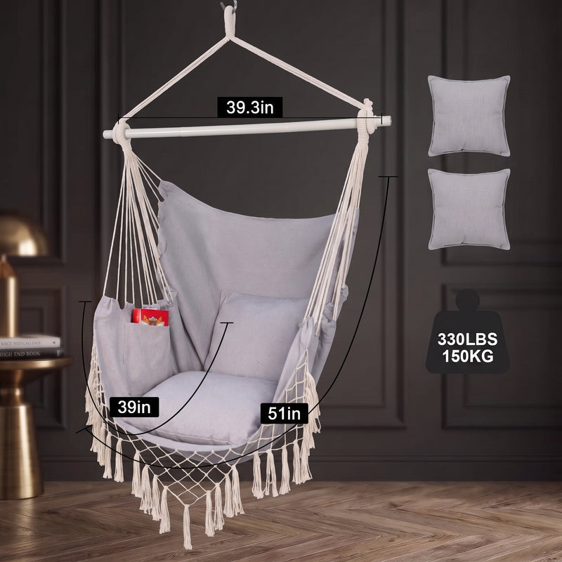 Boho Macrame Hammock Chair with Fringe, 2 Cushions & Side Pocket - (new) 4