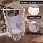 Boho Macrame Hammock Chair with Fringe, 2 Cushions & Side Pocket - (new) 7