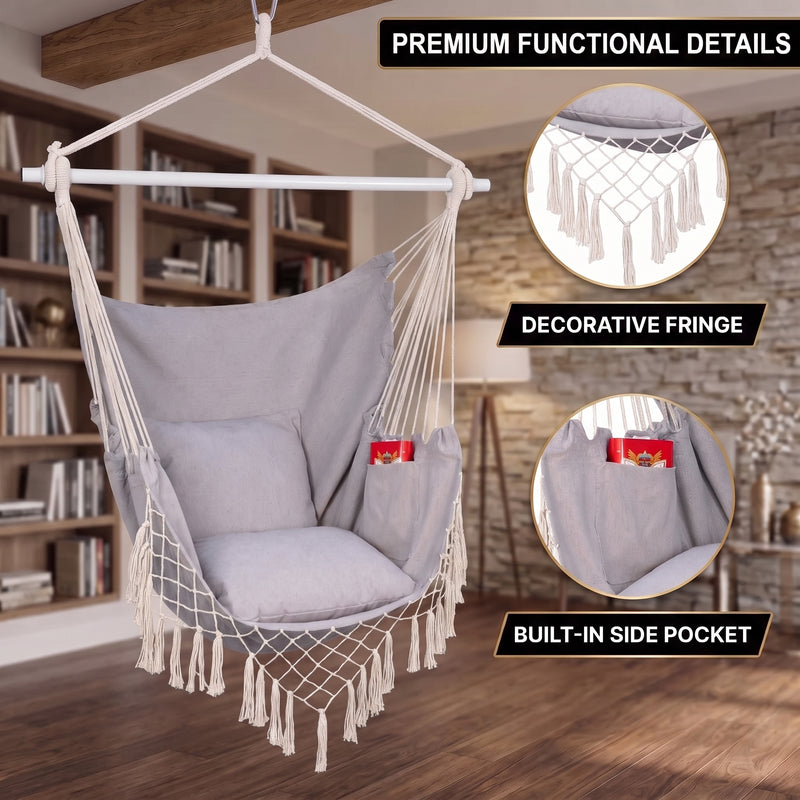 Boho Macrame Hammock Chair with Fringe, 2 Cushions & Side Pocket - (new) 7
