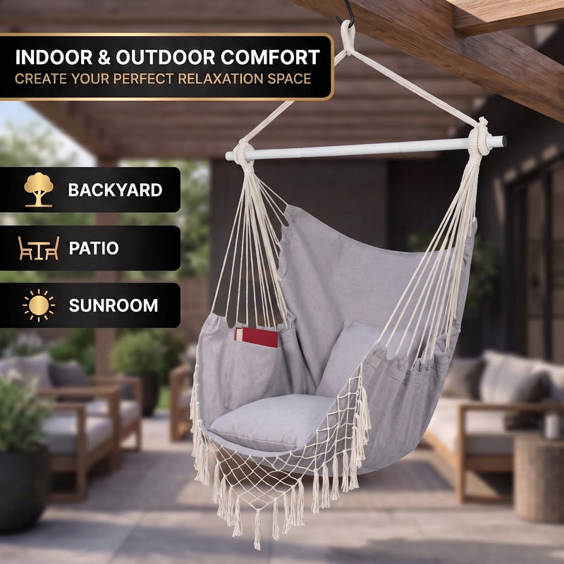 Boho Macrame Hammock Chair with Fringe, 2 Cushions & Side Pocket - (new) 8
