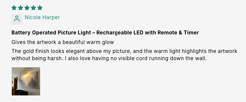 Battery Operated Picture Light – Rechargeable LED with Remote & Timer customer review screenshot 1