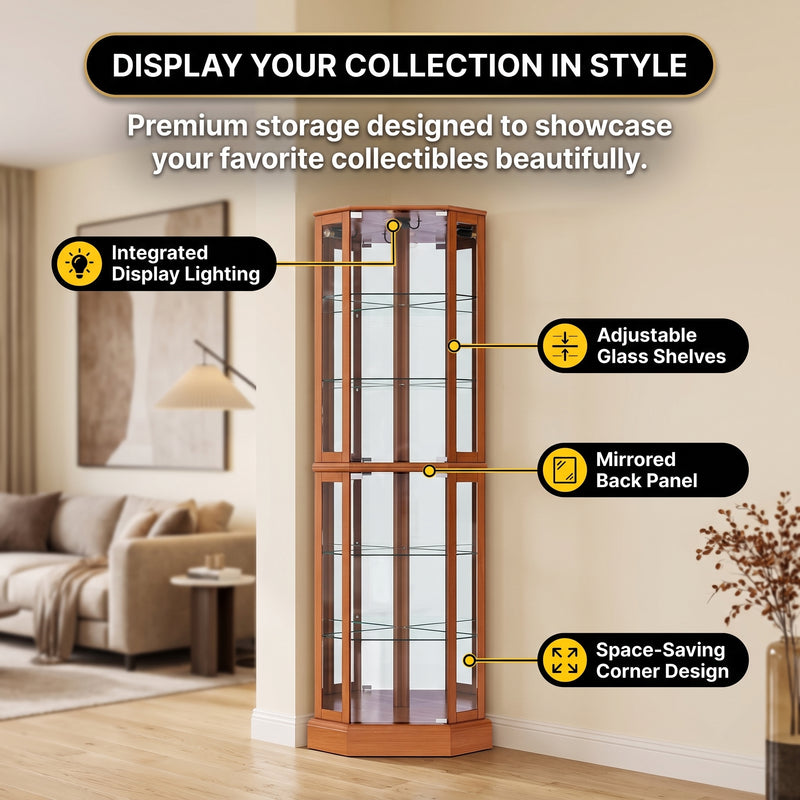 Lighted Corner Curio Cabinet – Wooden Display Cabinet with Glass Doors & Adjustable Shelves - oak-5 (replacement)