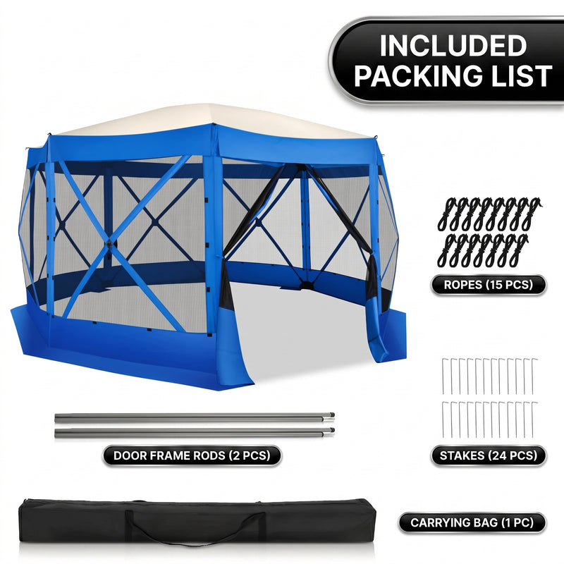 Person pushing up the gazebo center hub with the two included door frame rods and carry bag