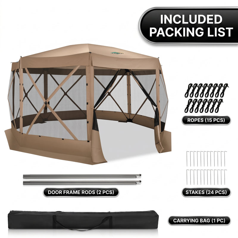 Person pushing up the gazebo center hub with the two included door frame rods and carry bag