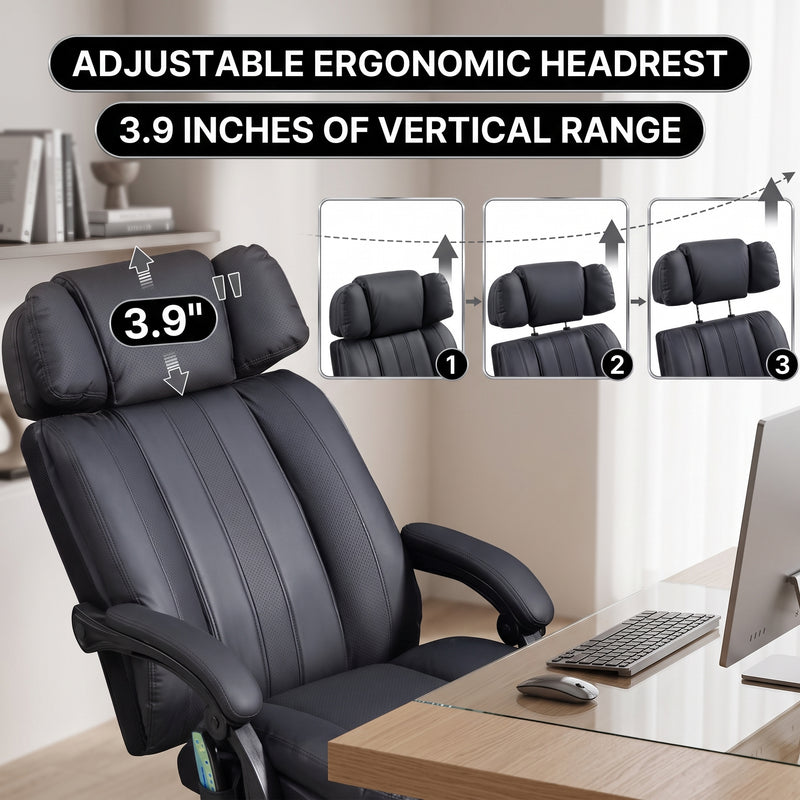 Adjustable ergonomic headrest with 3.9-inch vertical range shown in three positions