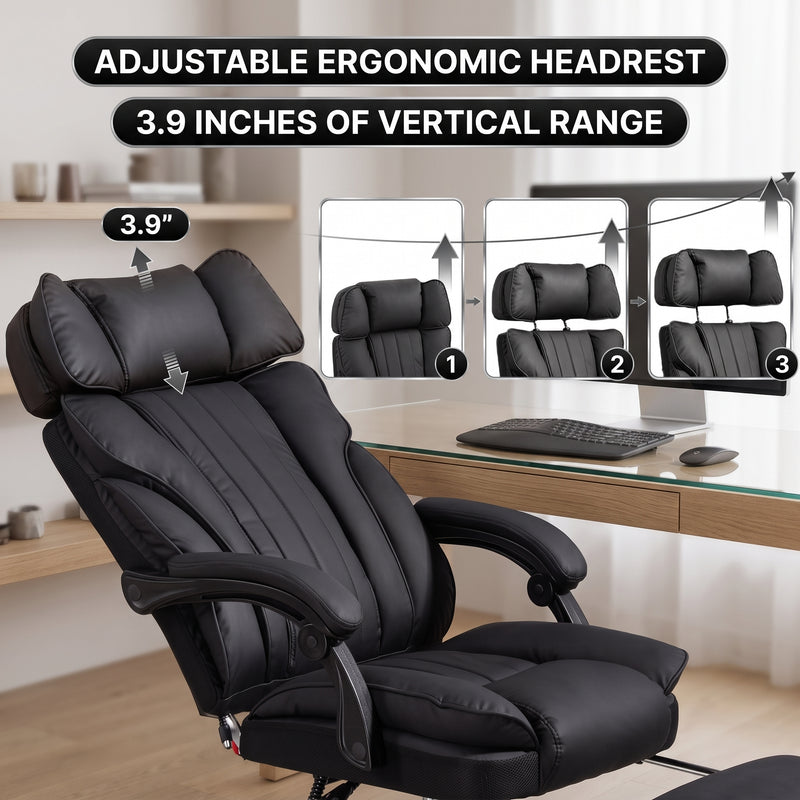 Adjustable ergonomic headrest with 3.9-inch vertical range shown in three positions